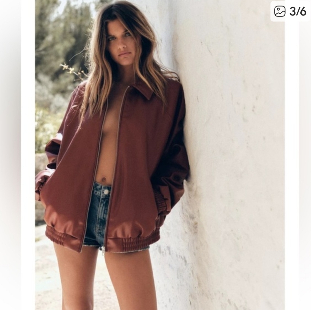 Zara Women's Light Brown Faux Leather Bomber Jacket-Size XS